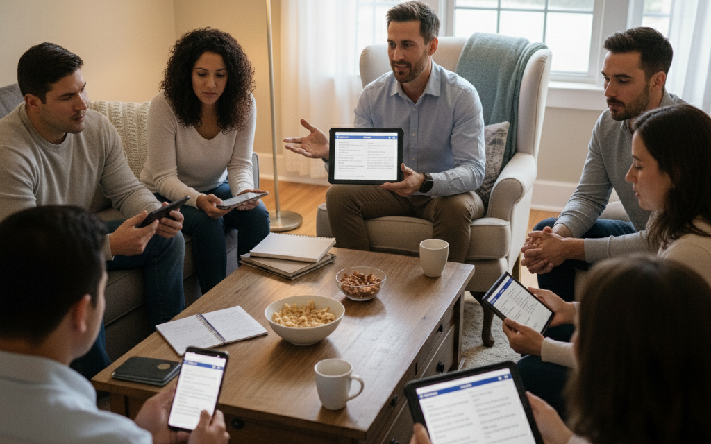 Group leader confidently facilitating Bible study using SmartGroups app on tablet, with engaged participants following along on their devices in both English and Spanish