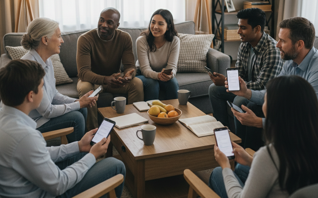 Diverse small group engaged in meaningful Bible study discussion with people of different ages and backgrounds sharing and learning together