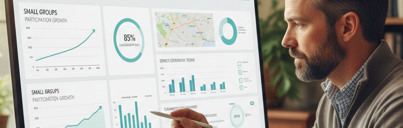 Pastor reviewing comprehensive ministry analytics and insights on a dashboard showing healthy small group growth and engagement metrics